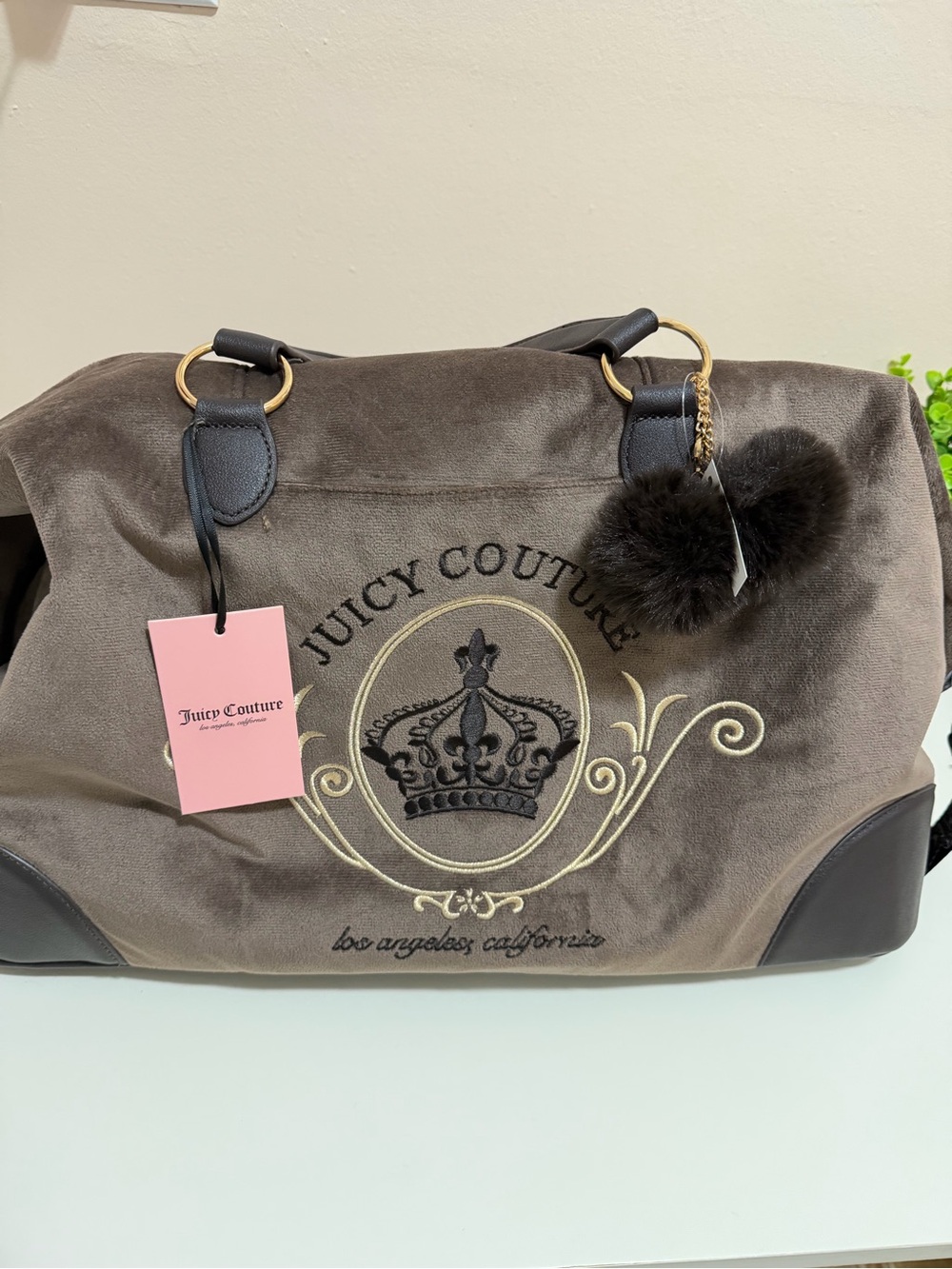 Juicy Couture Taupe Velvet Travel Weekender with Gold Crest